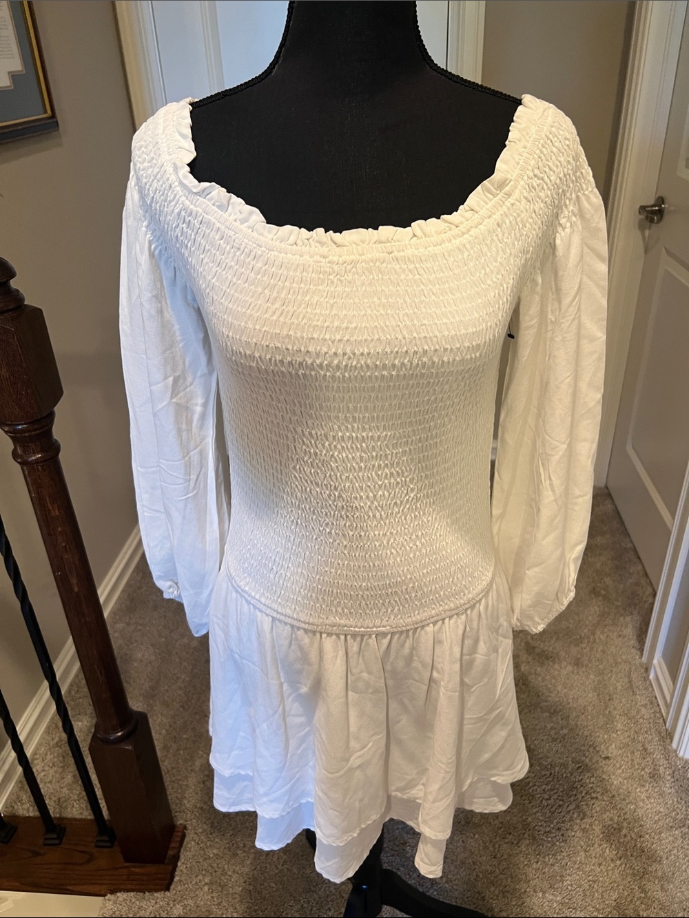 entro White Smocked Mini Dress with Puff Sleeves and Ruffled Neckline